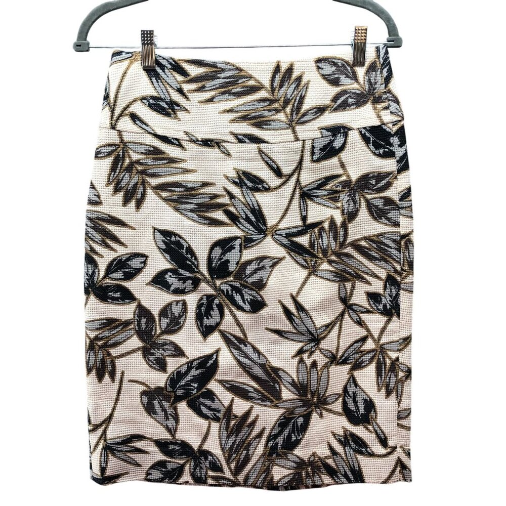 J. Crew Leaf Print Pencil Skirt Womens 0 Palm‎ Cotton Perforated Beige Gray